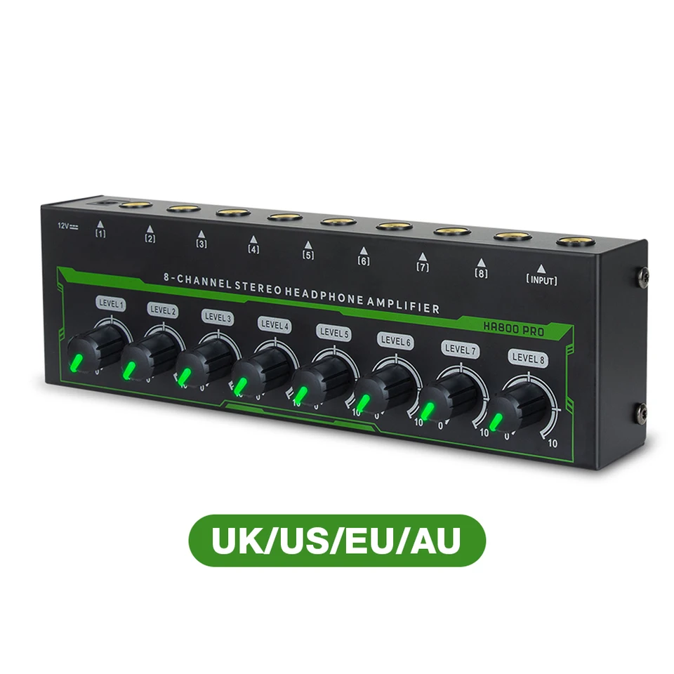 8-kanálový zvukový zosilňovač s napájacím adaptérom Ultra-Compact Mini Audio Stereo Microfone Amp Stereofónny zosilňovač pre slúchadlá pre zvukový mixér