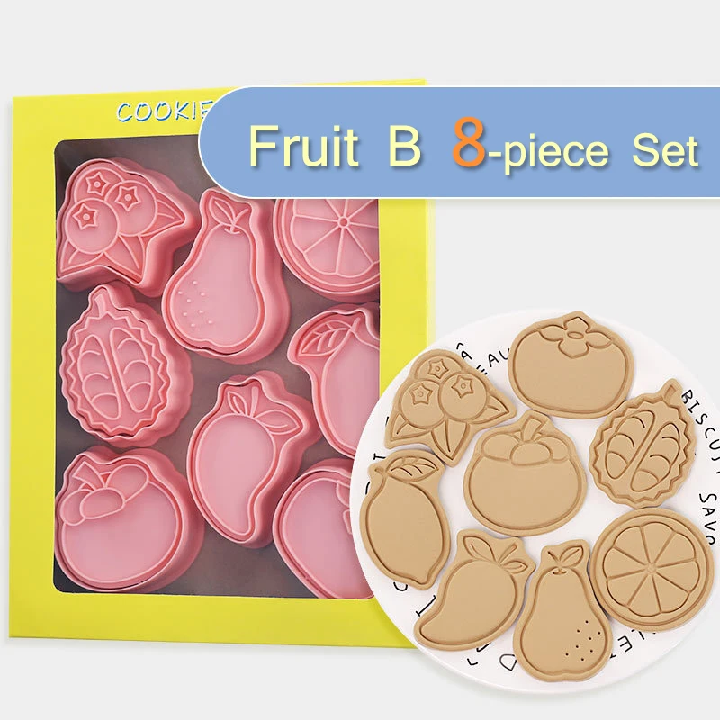 8 kusov ovocná poleva na polevu cukor cookie pleseň citrón Durian Mangosteen Cookie Cutter Ručne lisované sušienky plesne na pečenie