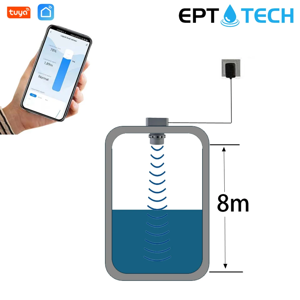 8 m v reálnom čase TUYA Alarm WiFi na úrovni nádrže Senzor vodného indikátora kvapaliny Monitor ultrazvukového bezdrôtového detektora TLC2404 Outdoor Alarm