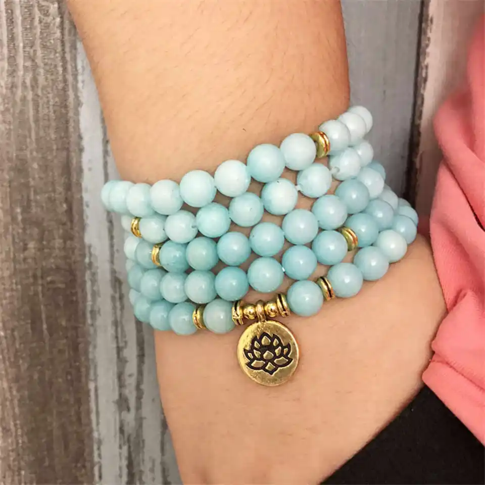 8 mm 108 Aquamarine Buddha korálky Lotus Pendant náramok Spirituality Muži dospievajúce náramok korálkovej manžety jogy Mala česká modlitba