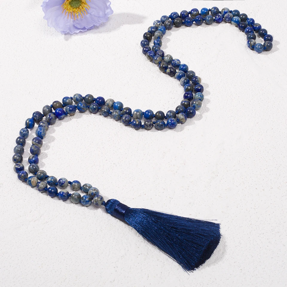 8 mm prírodný lapis lazuli viazaný 108 Mala guľôčkových náhrdelníkov meditačná modlitba ruženec japamala šperky pre mužov a ženy