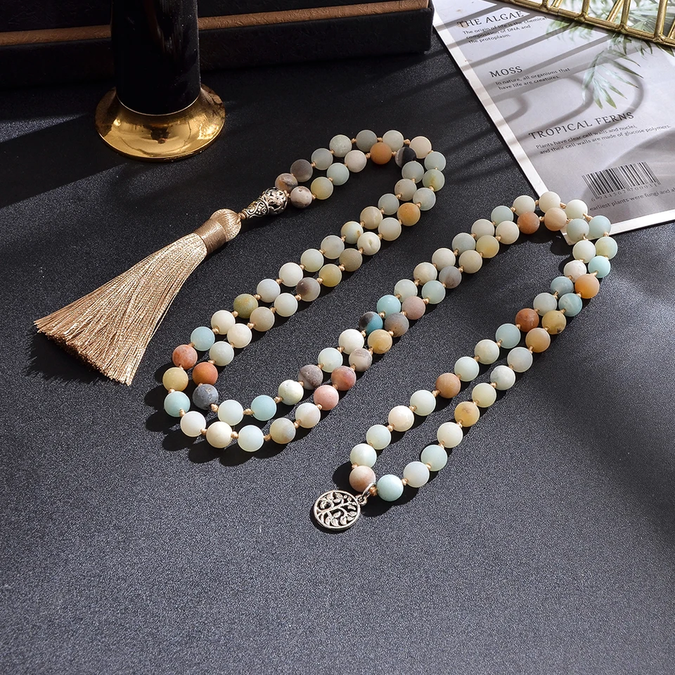 8 mm prírodný mattle amazonit korálkový zviazaný 108 MALA NEZÁŤAŽ MEDITÁCIA YOGA MODLITY
