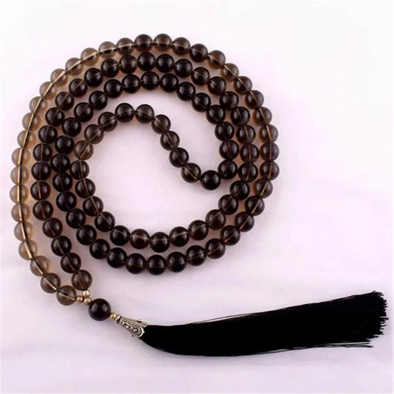 8 mm Smoky Quartz 108 korálky Gemstone Tassel Mala Náhrdelník požehnanie modlitby unisex náramný náramok náboženské šťastné jogu zápästie