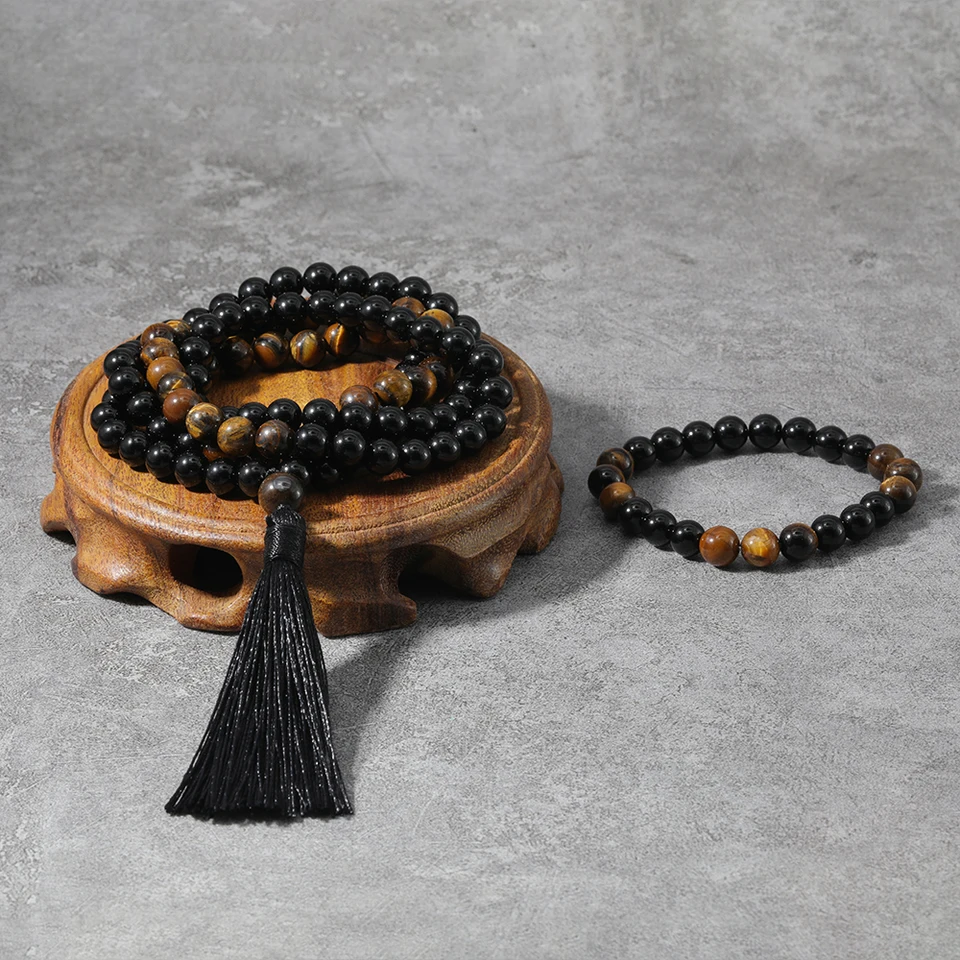8 mm žlté tigre oči čierna onyx japamala set ochranná meditácia namaste jogu jogy šperky budhistická modlitba korálky 108