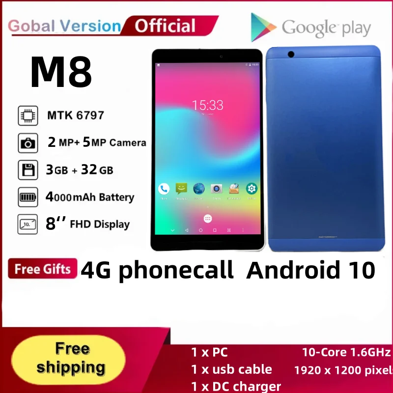 8 palcov 10- jadro 3 GB RAM 32 GB ROM 4G Telefónny hovor Android 10 Tablet PC MTK6797 Duálny fotoaparát 2*SIM slot na kartu SIM