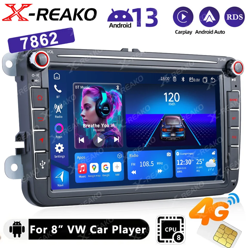8 palcov pre VW Volkswagen Caddy EOS Jetta SOoda Seat GPS Android 12 2 DIN AUTO CAUP CARPLAY BT WIFL Multimedia Audio Player