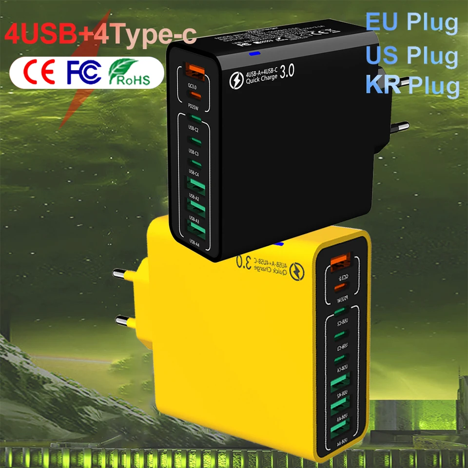 8 portov 4USB 4TYPE-C nabíjačka 120W QC4.0 USB Rýchle nabíjanie mobilného mobilného mobilného mobilného mobilného mobilného mobilného mobilného telefónu pre rýchle nabíjanie adaptér pre Huawei Xiaomi Samsung