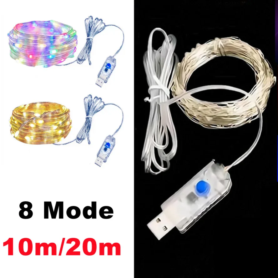 8 režim stmievateľný USB napájaný 5 m 10m 20 m LED strieborné strieborné drôty Struny dekoratívne vianočné víly Garlands Domáca dekorácia