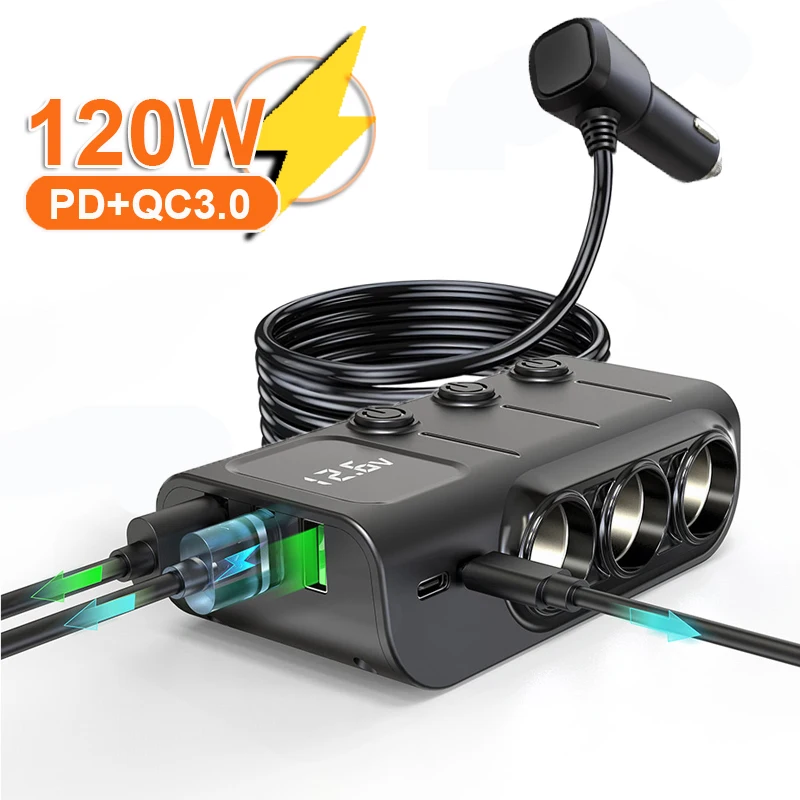 8 v 1 Cigaret Upaľovač Splitter Typ-C QC3.0 PD Socket 36W Dual USB Nabíjacie porty auto 12v 24V zásuvku