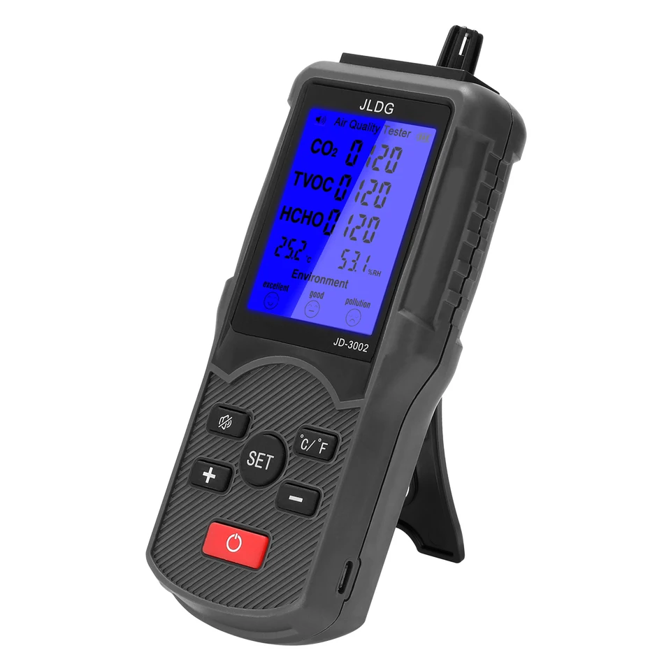8 v 1 Multifunkčný tester kvality ovzdušia CO2 TVOC Meter Teplota Meranie vlhkosti zariadenia USB nabíjateľný monitor JD-3002