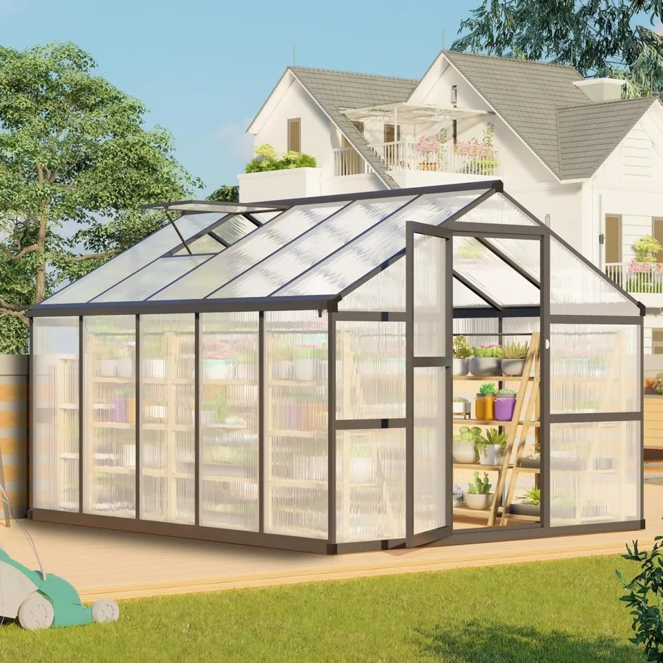 8 x 10 ft skleník pre vonku, polykarbonátová záhradná záhrada skleník s nastaviteľným strešným ventilom, skleníky