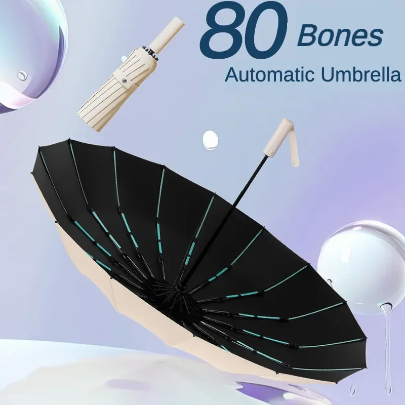 80 Bone Anti-Storm Umbrella pre mužov a ženy, automatické skladanie, veľké vodotesné vodotesné, anti-ultrafialové slnečné dáždniky