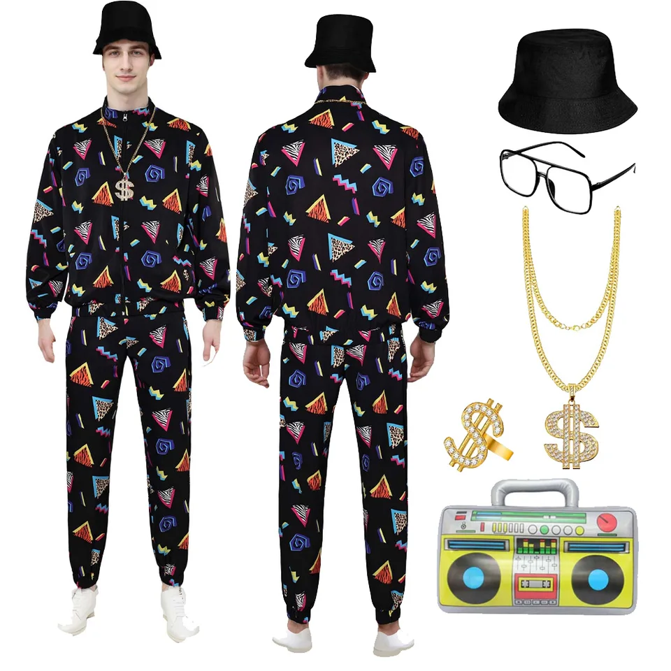 80. rokov 90. roky retro pódium Performance Cosplay Sportwear Hat Hip Hop Hop Costume náhrdelník bunda Pants Men Halloween Carnival Party Suit