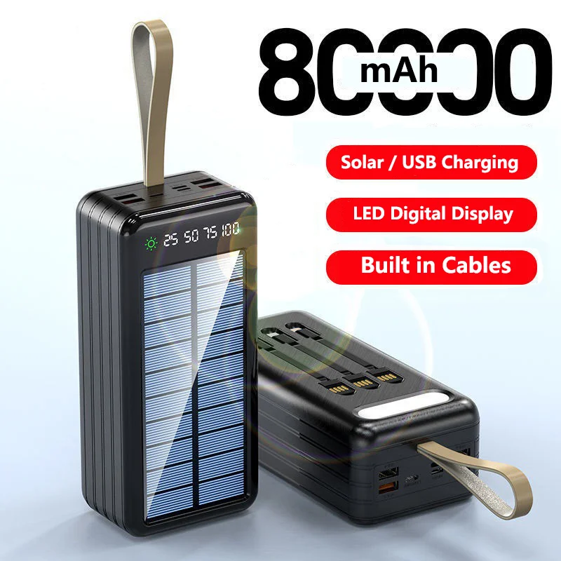 80000 mAh prenosná solárna energia Bank 4 USB port pre iPhone 15 14 Samsung Xiaomi Rýchle nabíjanie Powerbank s káblom náhradnou batériou