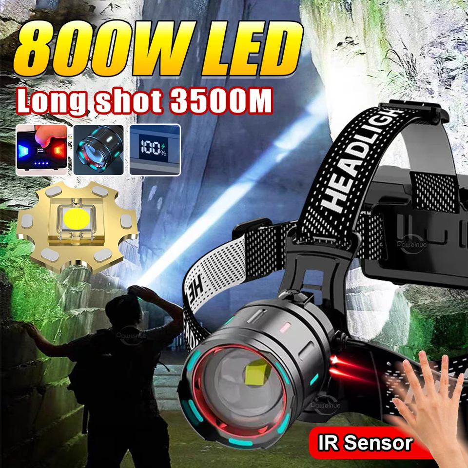800W super výkonný LED svetlomet nabíjateľnú hlavu vodotesný vysoký výkon IR Senzor svetlomet 3500 m rybárska lampa
