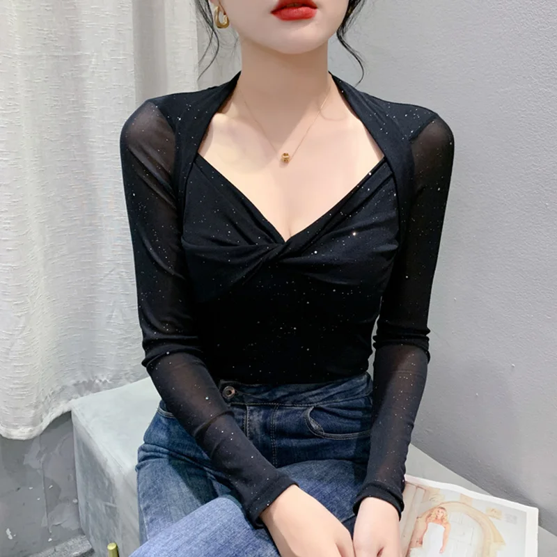 #8026 Black Blue Red Shinny Mesh T košeľa Ženy V-krk tesné kancelárske tričko Femme s dlhým rukávom zabalené tričko tenké perspektívne tričko Tee