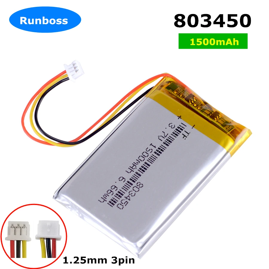 803450 3,7V 1500 mAh lítium polymér LiPo nabíjateľná batéria JST 1,25 mm 3pin zástrčka pre DVD DVD PC pre laptop MP3 DVD