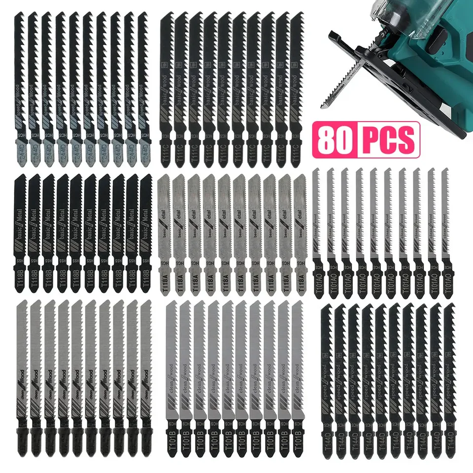 80ks Jigsaw Blades Set T Shank Blades Fast Down Down Cut Wood Cutting Blades T118a/T118B/T101AO/T101B/T101BR/T144D/T244D/T111C