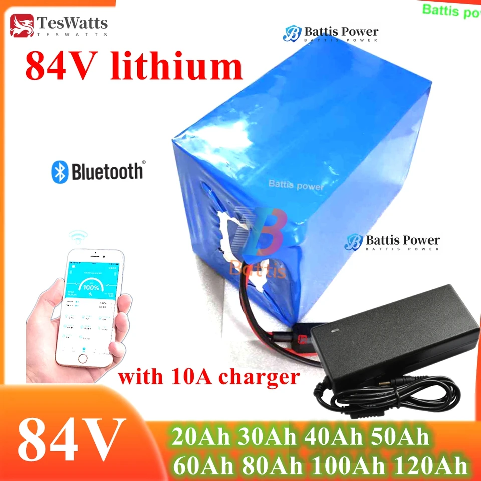 84V 50AH 30AH lítium -iónovej batérie 100AH ​​84V 60AH 80AH Bluetooth App BMS pre 5000 W motocyklové podlahové golfové košík + 10A nabíjačka