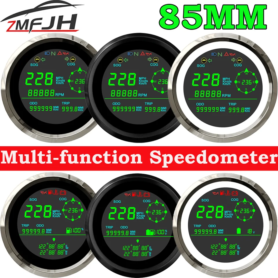 85 mm GPS rýchlomer LCD Tachometer Trip Trip ODO COG PALIVA VOLTMETER RPM OUT SIGNAL SIGNAL MORICE CAR CAZU 12 V/24 V Prispôsobené