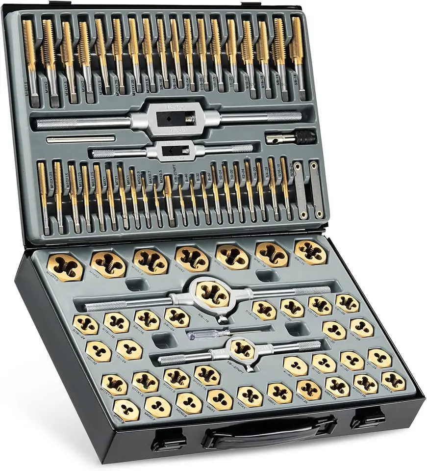 86pc Tap and Die Set v SAE a Metric, Titán potiahnuté oceľové súpravy a nástroje na diera pre mechaniky majiteľov domov, metrika remeselníkov