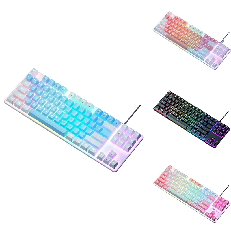 87 Kláves Mechanická klávesnica Zelená os herná klávesnica káblová farebná podsvietená klávesnica pre PC prenosné kancelárie Office Game