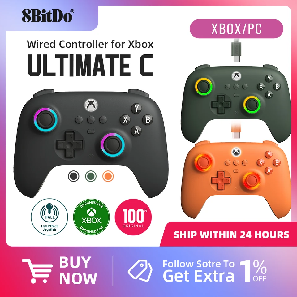 8bitdo Ultimate C Wired Gaming Controller pre Xbox, RGB Lighting Fire Ring a Hall Effect Joysticks, Windows 10/11