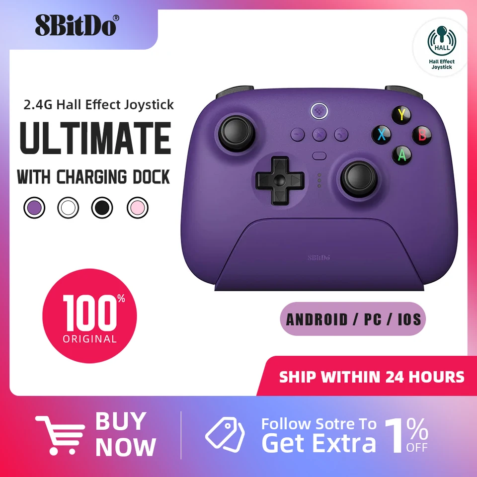 8bitdo Ultimate Wireless 2.4G Gaming Controller s nabíjacím dokom 100% originálny pre parný balíček ， PC, Windows 10, 11, Android
