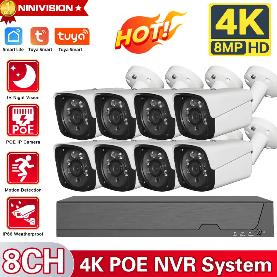 8ch TUYA Network 4K Poe Security Camera System Systém SMART LIFE HOME AUDIO Vodotesná detekcia pohybu 8MP NVR CCTV Sledovacia súprava