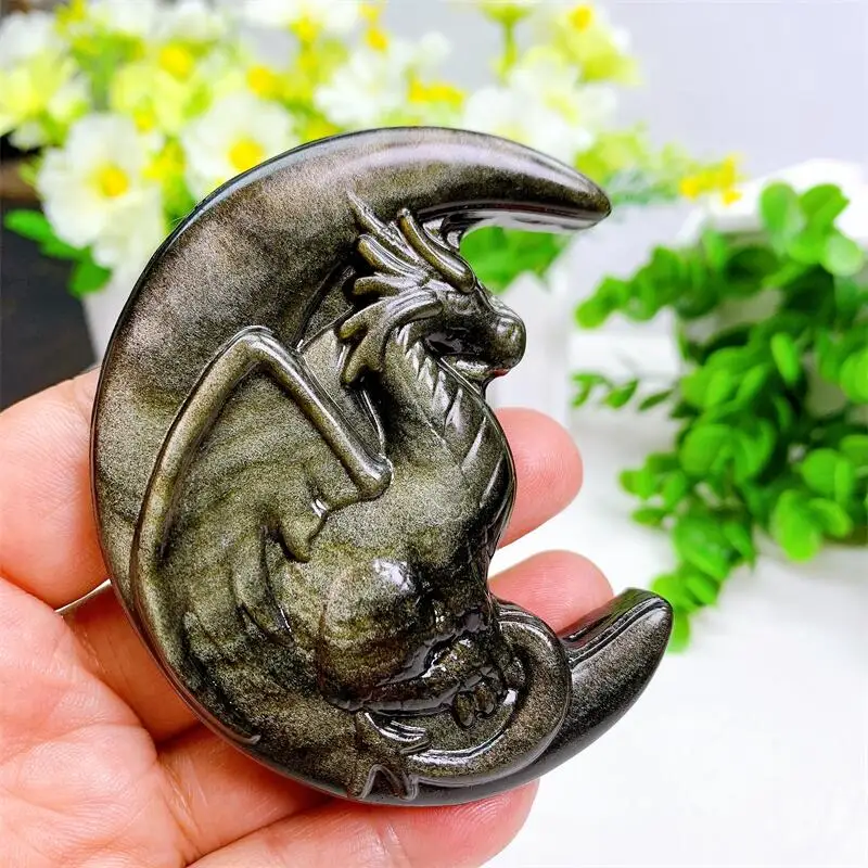 8cm Prírodný zlatý obsidian krištáľový ručný vyrábaný vyrezávaný mesiac a draka leštená zvieratá silná socha pre domácu dekoráciu darček 1pc