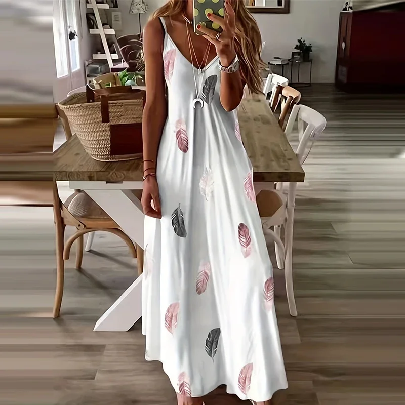 8Colour All Season Chic Feather Print maxi šaty Príležitostné v krku V-krk Comfort Stretch Easy Care