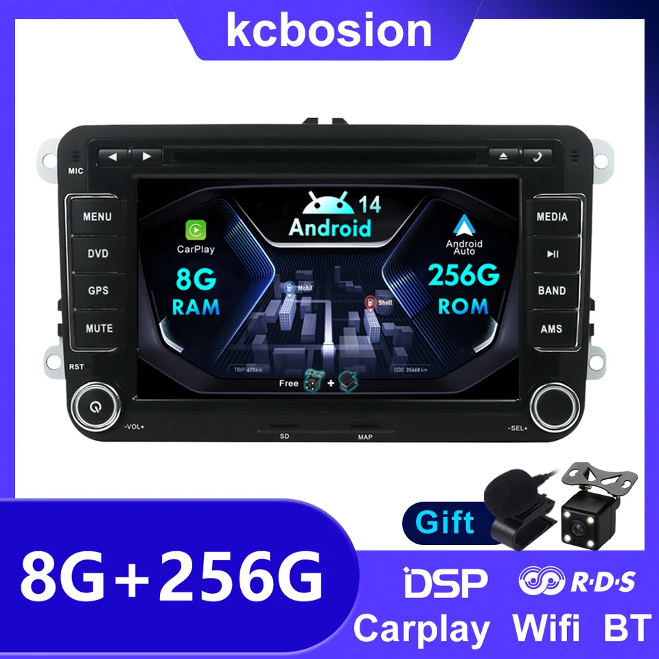 8G+256G 2 DIN Auto Autoradio Multimedia Player DVD Android 14 pre Volkswagen Skot Octavia Golf 5 6 Touran Passat Auto Carplaydsp