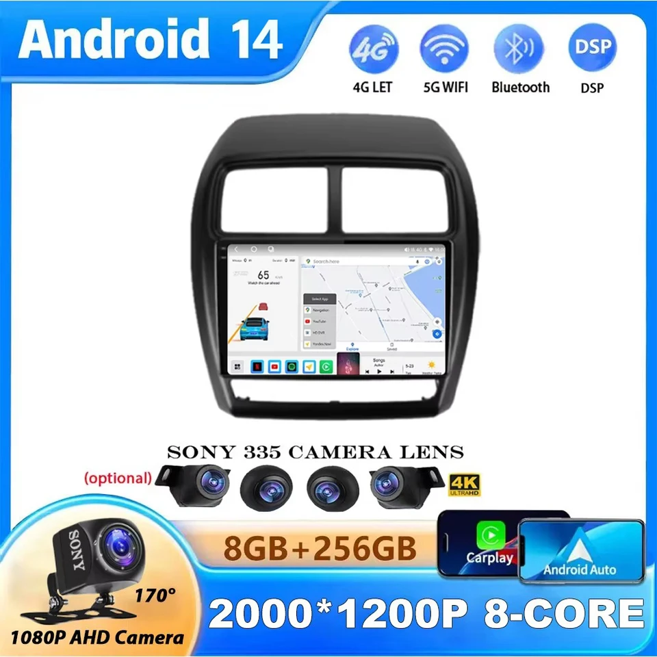 8G 256G QLED Android 14 CarPlay Auto Car Radio pre Mitsubishi ASX 1 2016 - 2022 Multimediálny video prehrávač GPS NAVI BT NO 2DIN