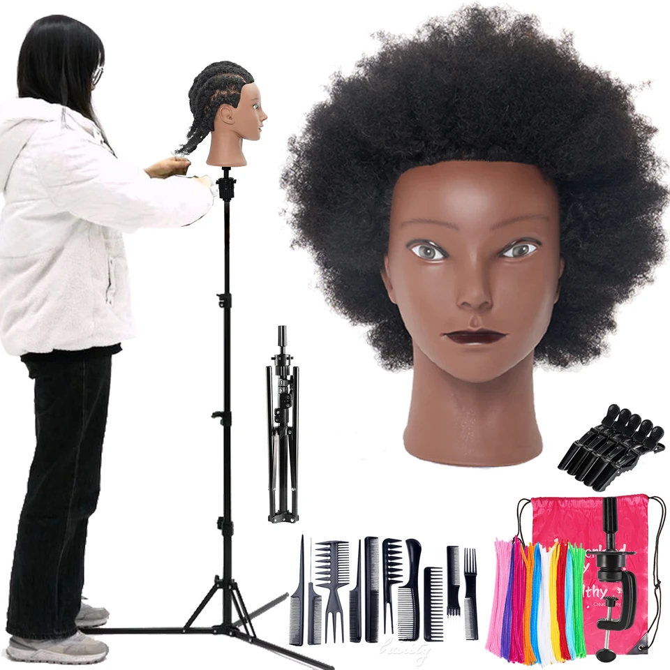 8inch 20 cm afro figurín HEAD100% ľudské vlasy Afranské kaderné kaderníctvo Dolls Training Practice Hlava nastaviteľná 120 cm statív