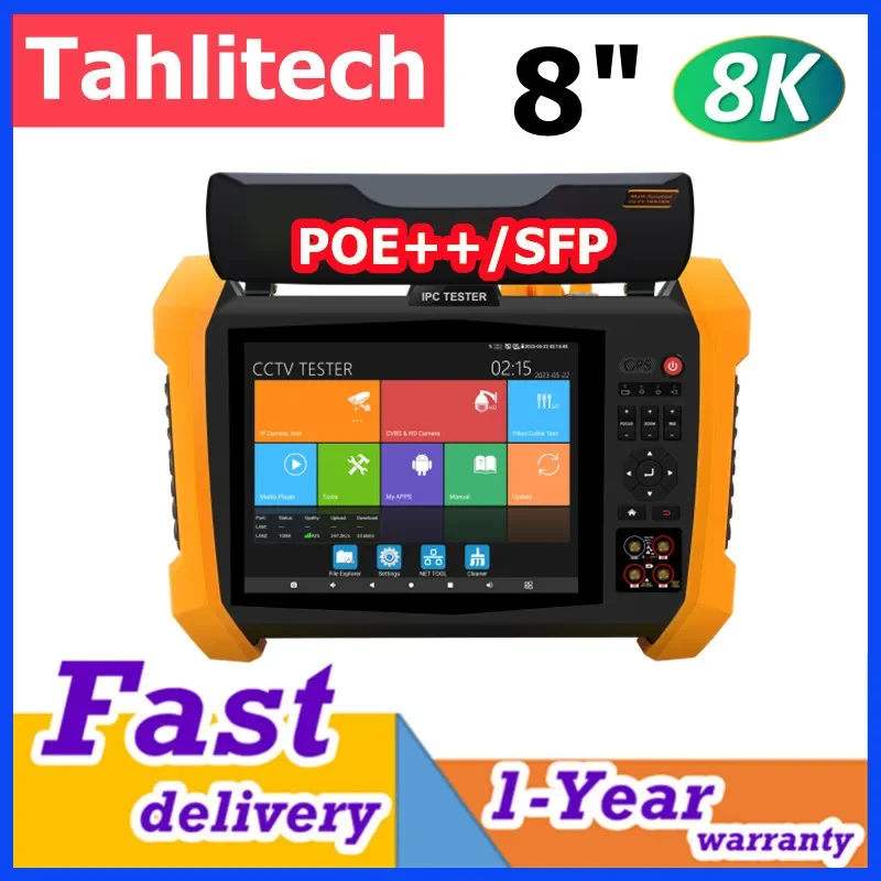 8K CCTV IPC tester Dual Gigabit SFP Optické porty modulu vlákien 8MP CVI TVI AHD SDI IP CAM tester 55V Poe ++ Výkon výstupu VGA HDMI