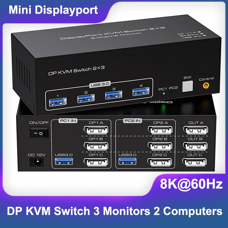 8K SPISTORPORT KVM prepínač 3 MONITORY 2 Počítače 4K 120 Hz, DP KVM Switches Triple Monitor pre 2 ks zdieľanie 4 portov USB 3,0