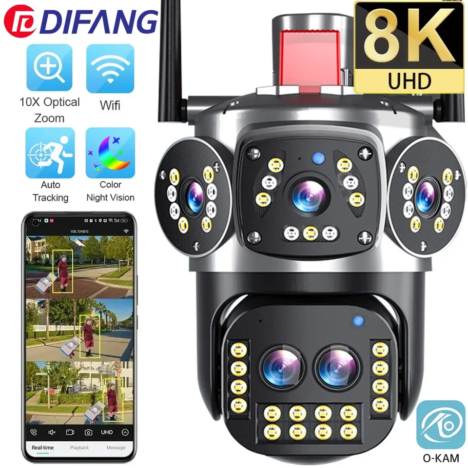 8K WiFi Camera UHD Outdoor 10x Optický priblíženie automatické sledovanie PTZ Štyri šošovky Tri obrazovka 15MP vodotesná bezpečnostná kamera CCTV