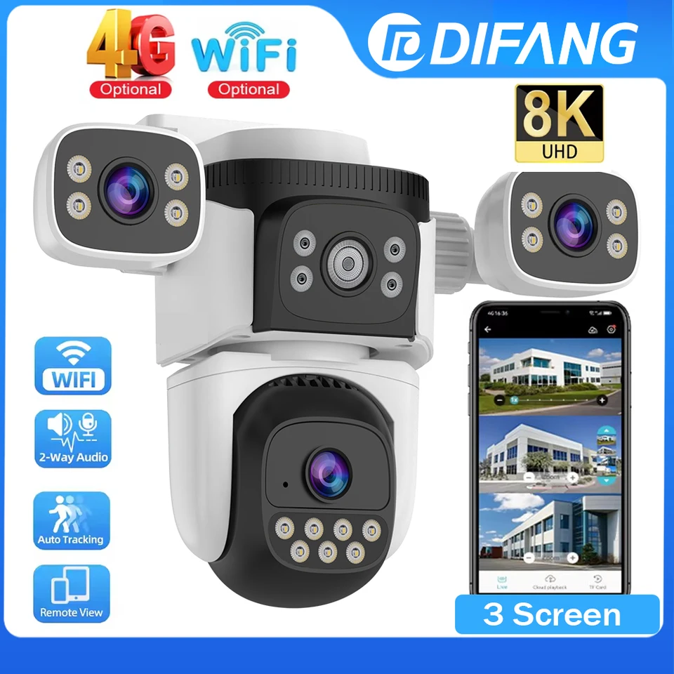 8K WiFi fotoaparát tri obrazovky 15MP 4G SIM karta CCTV IP Camera Automatické sledovanie troch objektívov Externá kamera pre sledovanie