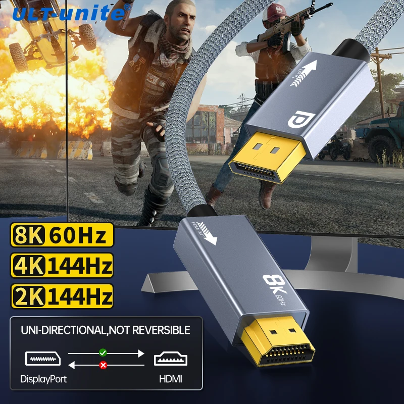 8K60Hz DP až HDMI-kompatibilné káble Audio video prevodník adaptér One Way 4K144Hz DisplayPort to HDMI kábel pre HDTV projektor