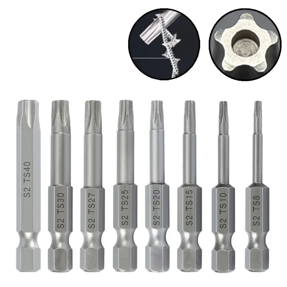 8ks 50 mm magnetický skrutkovač bit bit 1/4 hexovej stopky päťbodové skrutkovacie bity Torx T8/T10/T15/T20/T25/T27/T30/T40 SCREFT HOUNT