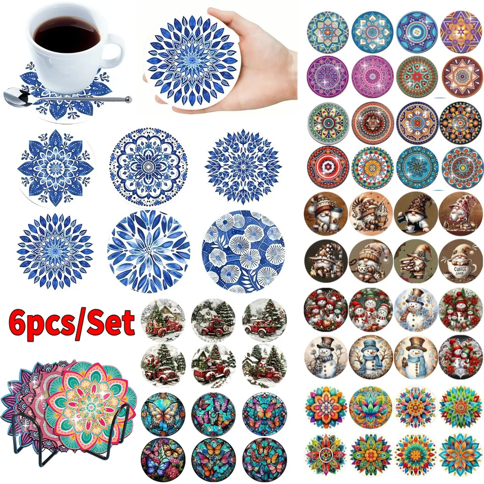 8ks Drevené modré a biele porcelánové mandala 5D diamantové maľovacie súpravy Diamond Art Coasters Svietiace nápoje Coasters for Art Craft