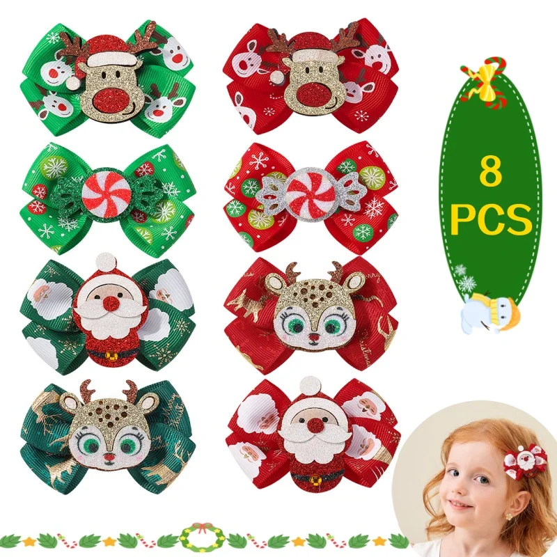 8ks Nová vianočná vlásenka pre deti Elk Glitter Bow Edgeclip Tkvit TIP Hairpin Cutive Detské vlasové doplnky hlavy hlavy hlavy