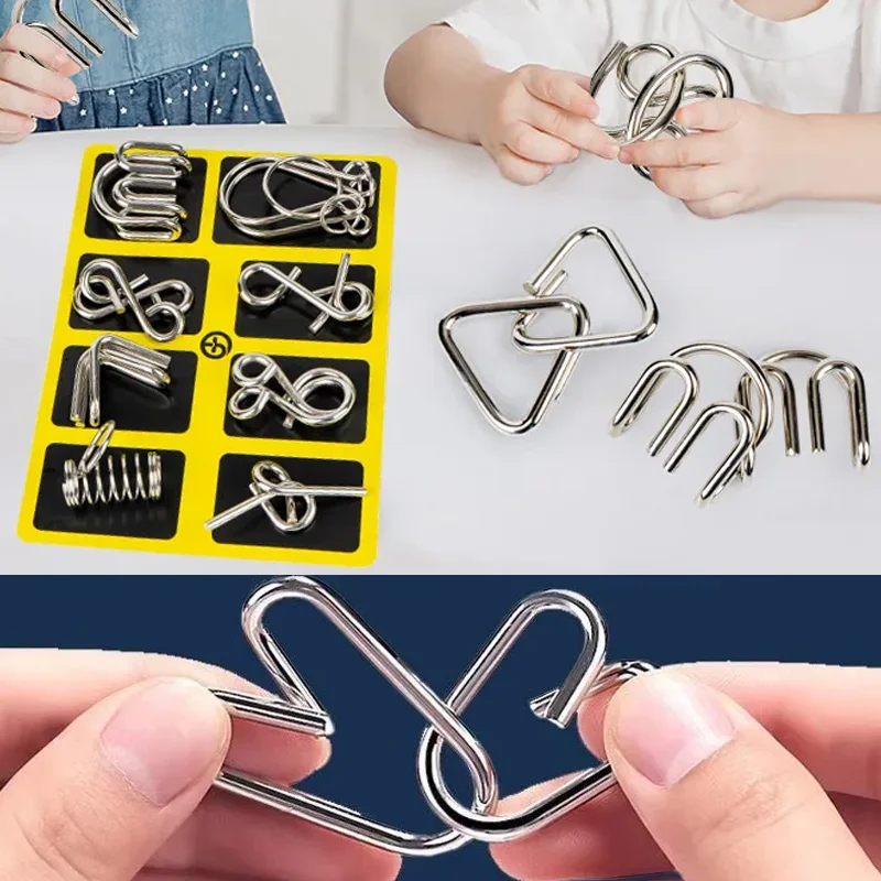 8ks/set Metal Montessori Puzzle Wire IQ Mind Brain Teaser Puzzle Deti Dospelí Interaktívne vzdelávacie hračky RELIEVER Vzdelávacie hračky