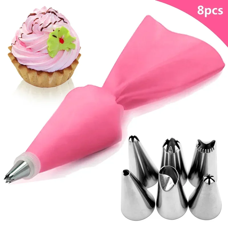 8ks/taška Silikónová poleva na potrubie krém na pečivo + 6 z nehrdzavejúcej oceľovej torty Dýzu DIY Cake Deskotujúce Tips Fondant Cukr Tools