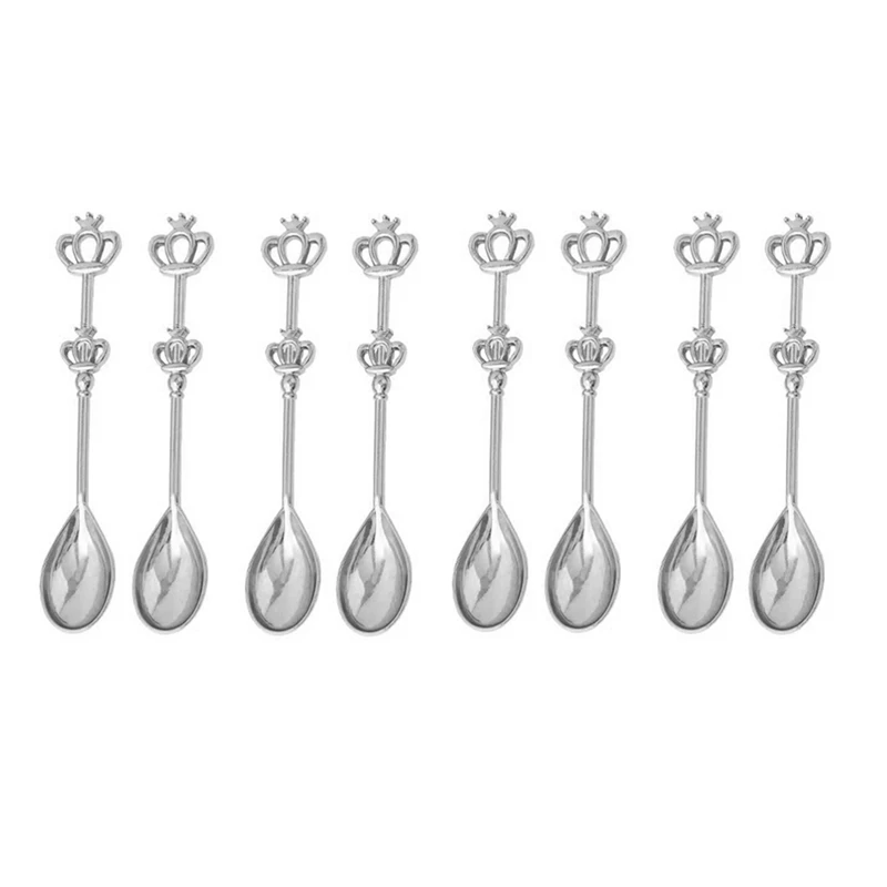 8ks z nehrdzavejúcej ocele Kávový koláč lyžice korunky Crown Spoons Malá čajová lyžička pre zmrzlinu, polievku, soľ, cukor (striebro) 10x2cm