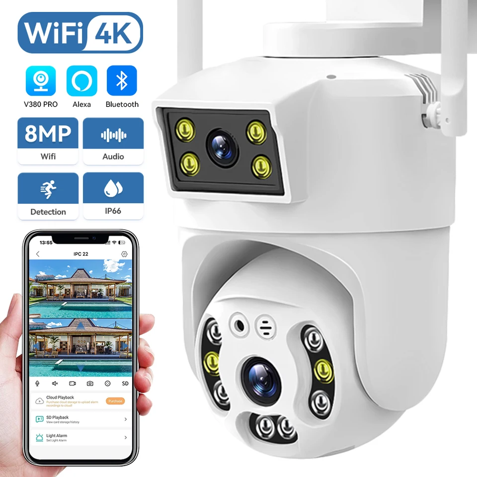 8MP 4K Duálne šošovky WiFi PTZ Camera Smart Home Night Vision Duálna obrazovka Outdoor 6MP bezpečnostná ochrana CCTV IP Camera V380 Pro App