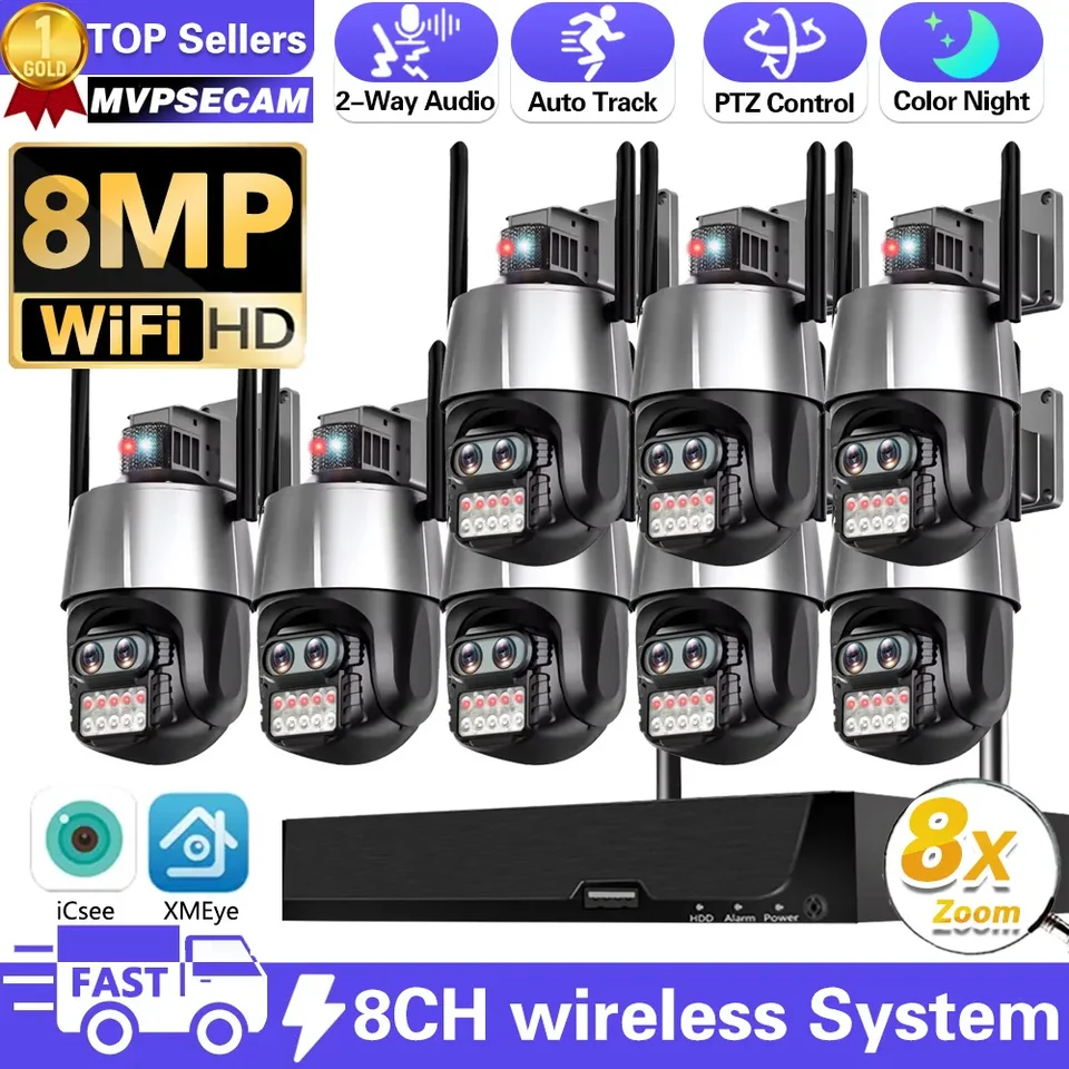8MP 4K HD WiFi IP fotoaparát Outdoor 8x Zoom Duálne šošovky 8ch WiFi NVR sledovací fotoaparát automatické sledovanie Nočné videnie ICSEE App Kit