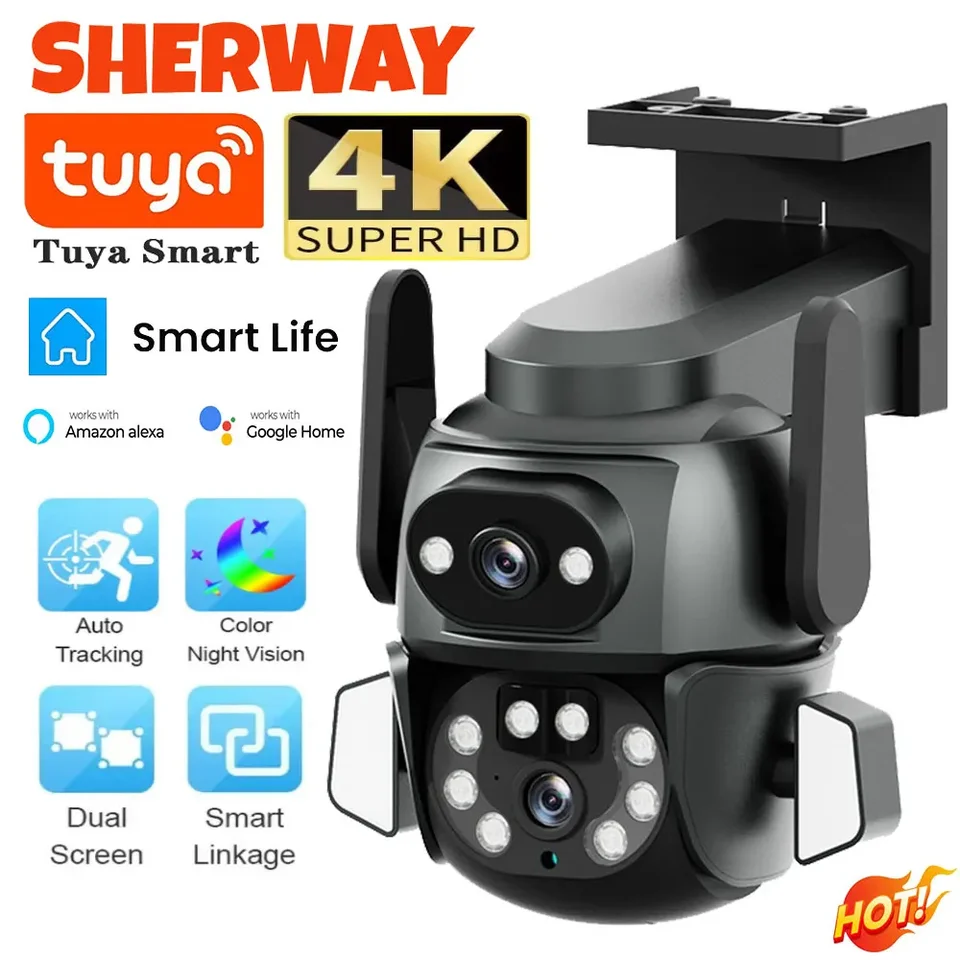 8MP duálne šošovky Tuya WiFi Camera PTZ 4K Full HD Dual Screen Security Camera AI ľudské automatické sledovanie vonkajšieho sledovania CCTV videa