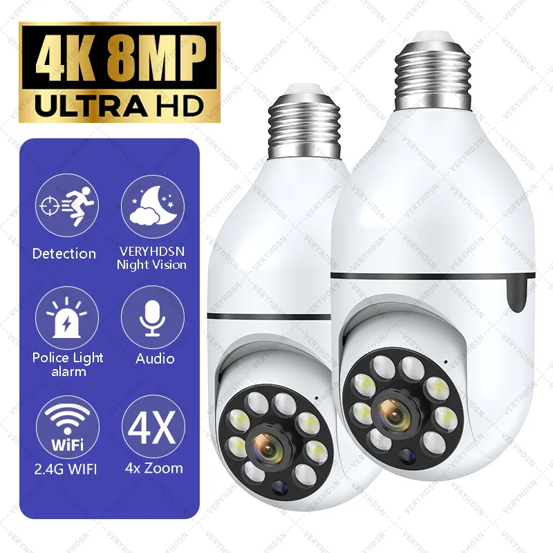 8MP E27 IP žiarovka Camera CCTV Indoor Durveillance Cameas Security Wireless Full Color Night Vision AI Human Motion Detect 4x Zoom
