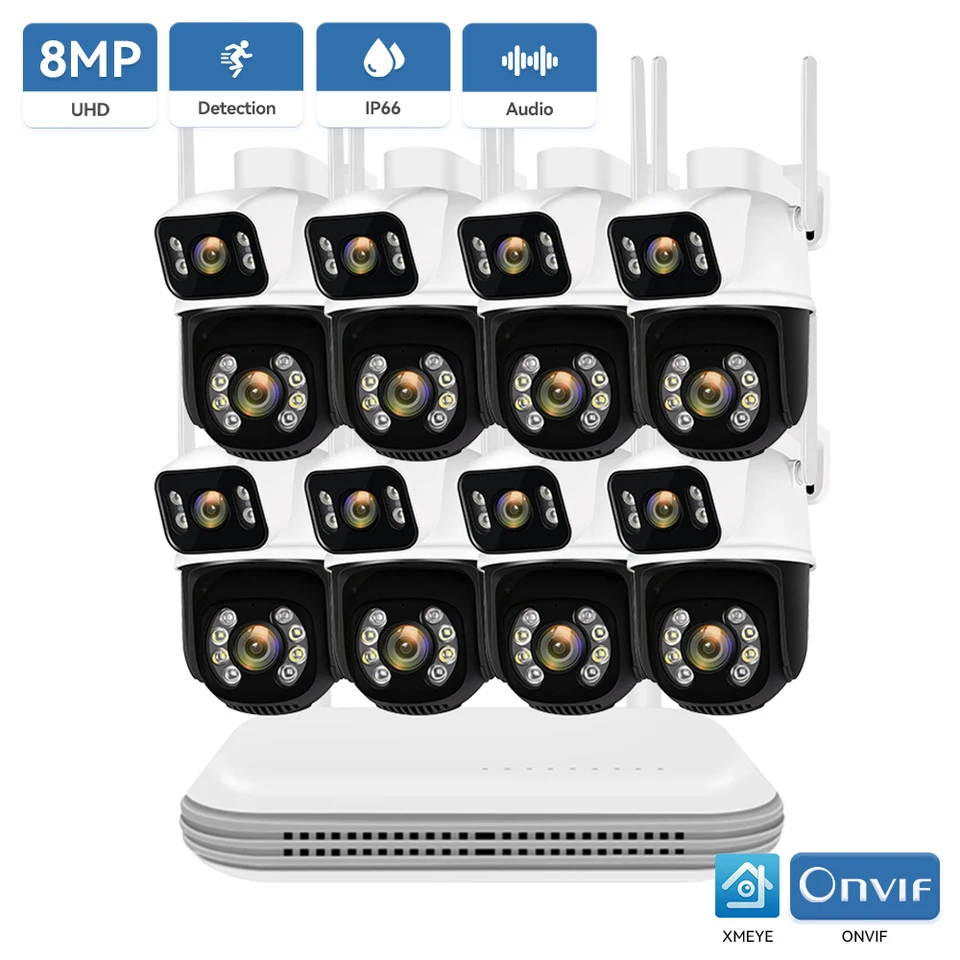 8MP PTZ WiFi Fotoaparát súprava Duálna šošovka PTZ IP Camera Smart Home Night Vision ICSEE Aplikácia NVR Outdoor 8ch bezdrôtový CCTV fotoaparátový systém
